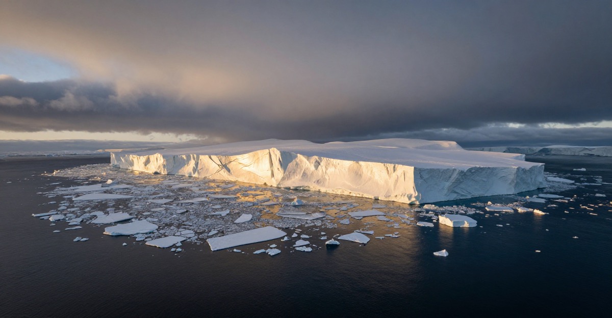 Vast arctic ocean with cracking ice shelf and dark open water expanding beneath fractured white ice under dramatic storm clouds