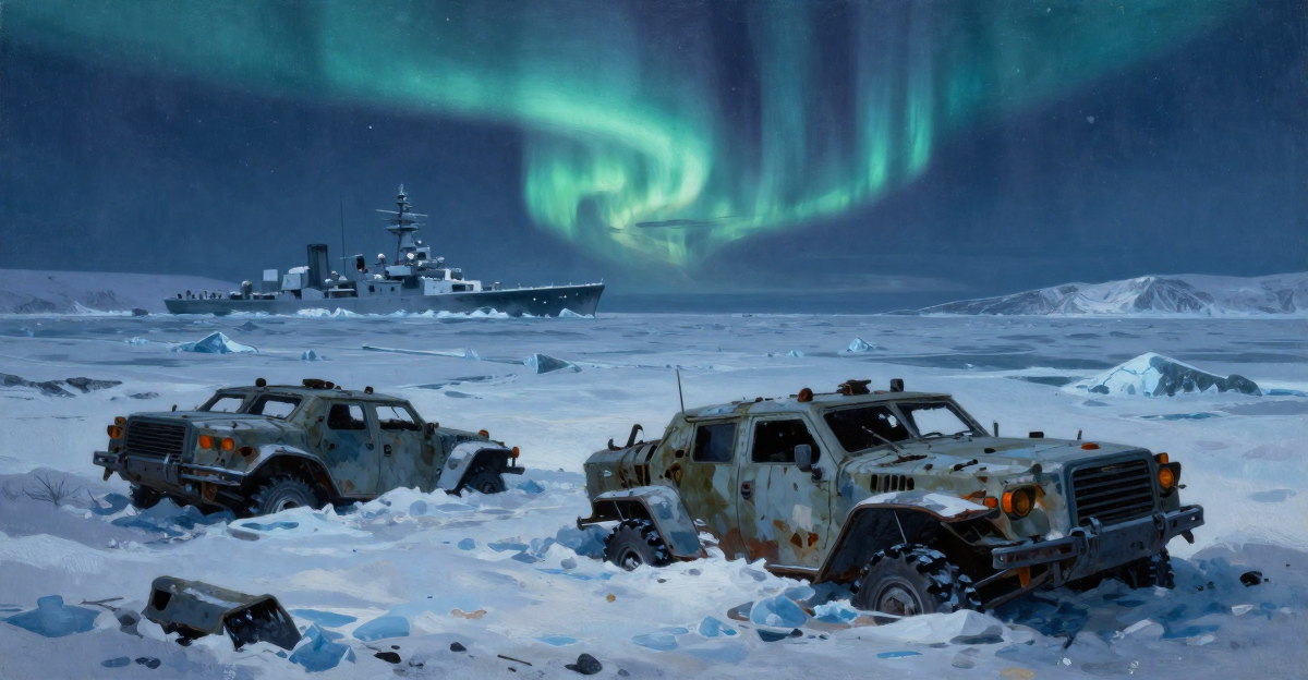Desolate Arctic landscape with abandoned military vehicles half-buried in snow, aurora borealis in the dark sky above