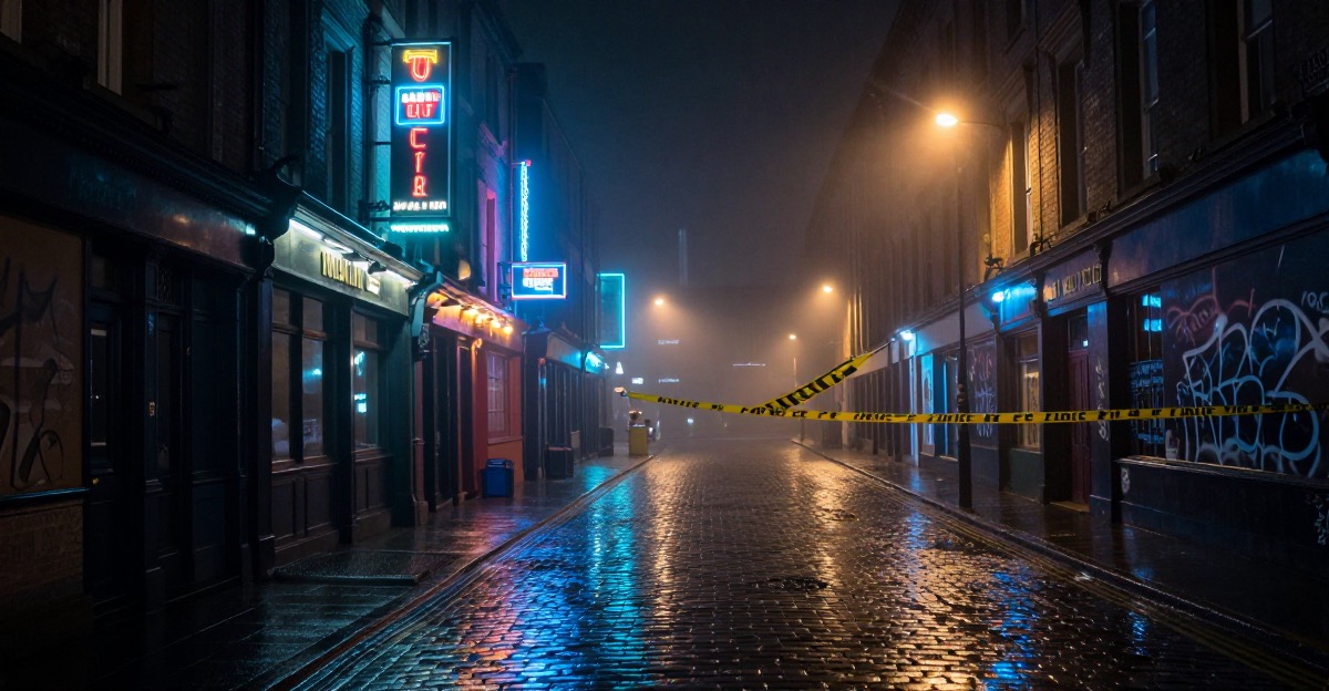 Dark rainy Belfast street at night with cobblestones reflecting neon pub signs and fog rolling in