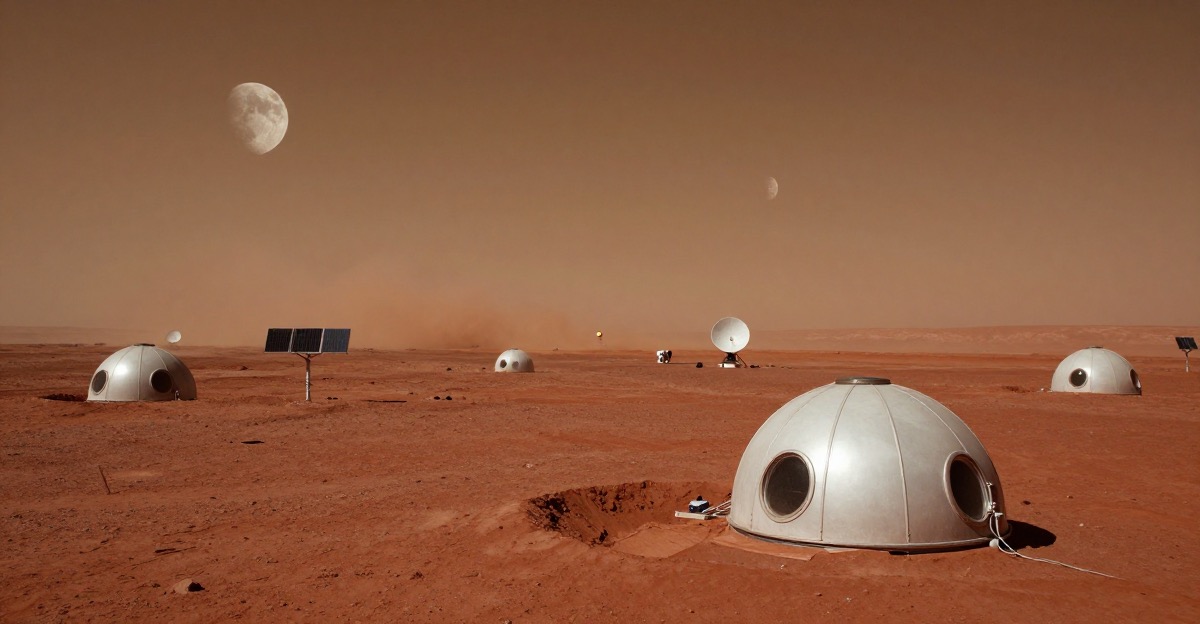 Red Mars surface with small pressurized habitat modules half-buried in regolith, dust storm on the horizon