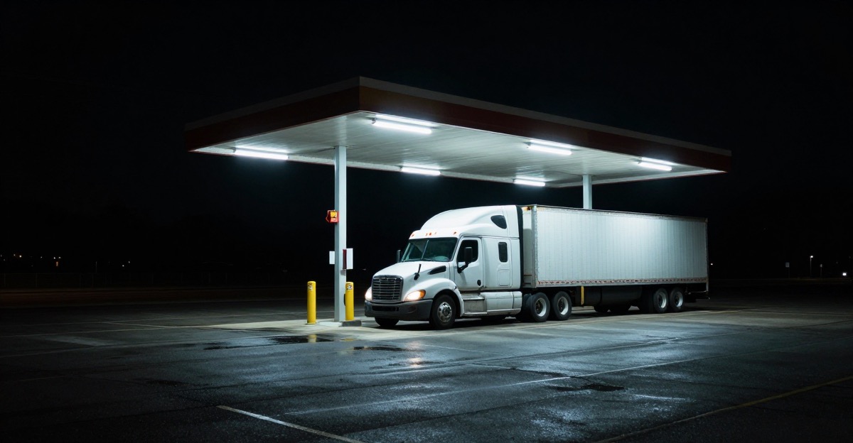 Lonely highway truck stop at night with single semi truck parked under flickering fluorescent lights