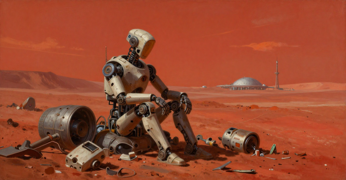 Damaged humanoid robot sitting alone in a Martian junkyard, red desert landscape with distant colony domes on the horizon