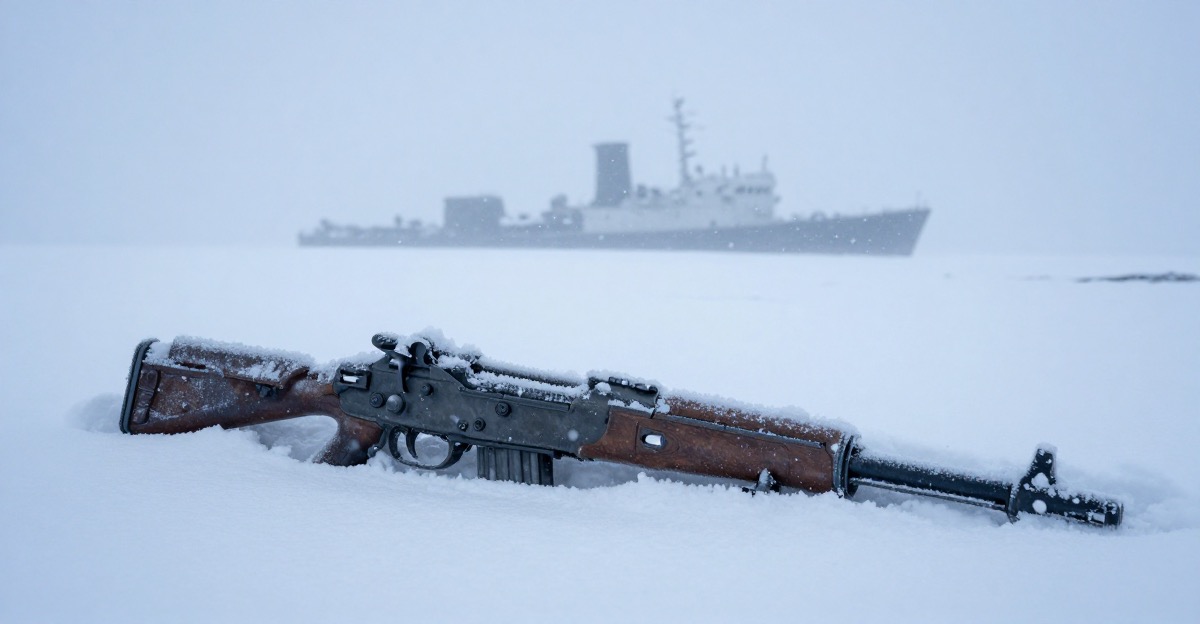 Military equipment abandoned in deep snow with ice crystals, arctic blizzard conditions, ship silhouette in background