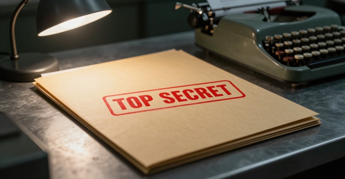 Classified document folder on steel desk with red TOP SECRET stamp and dim overhead lamp casting dramatic shadows